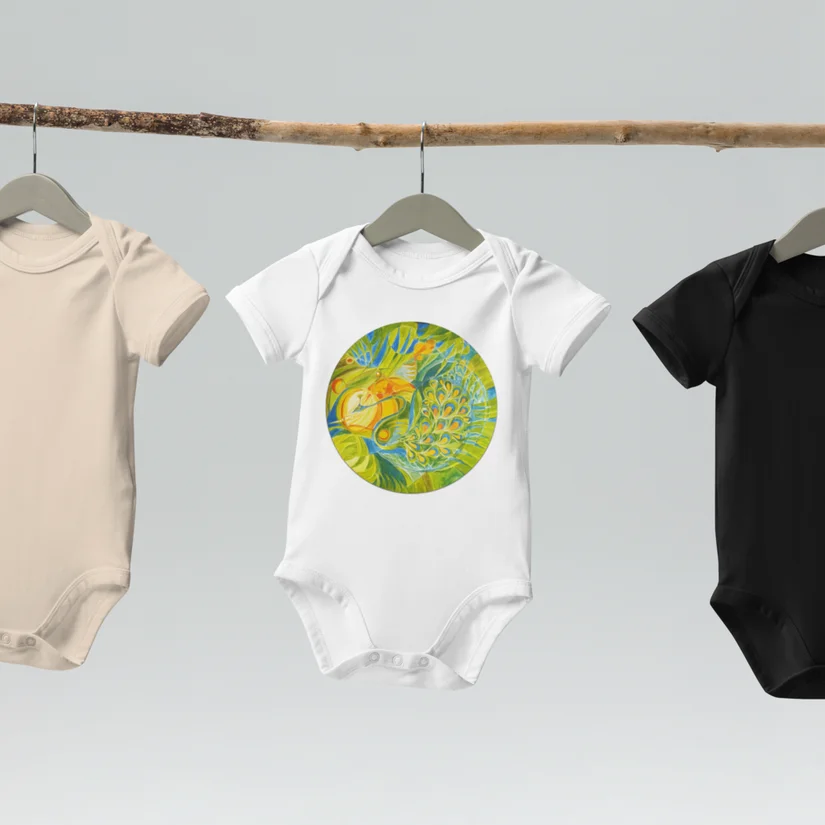 Celestial Peacock organic cotton baby bodysuit