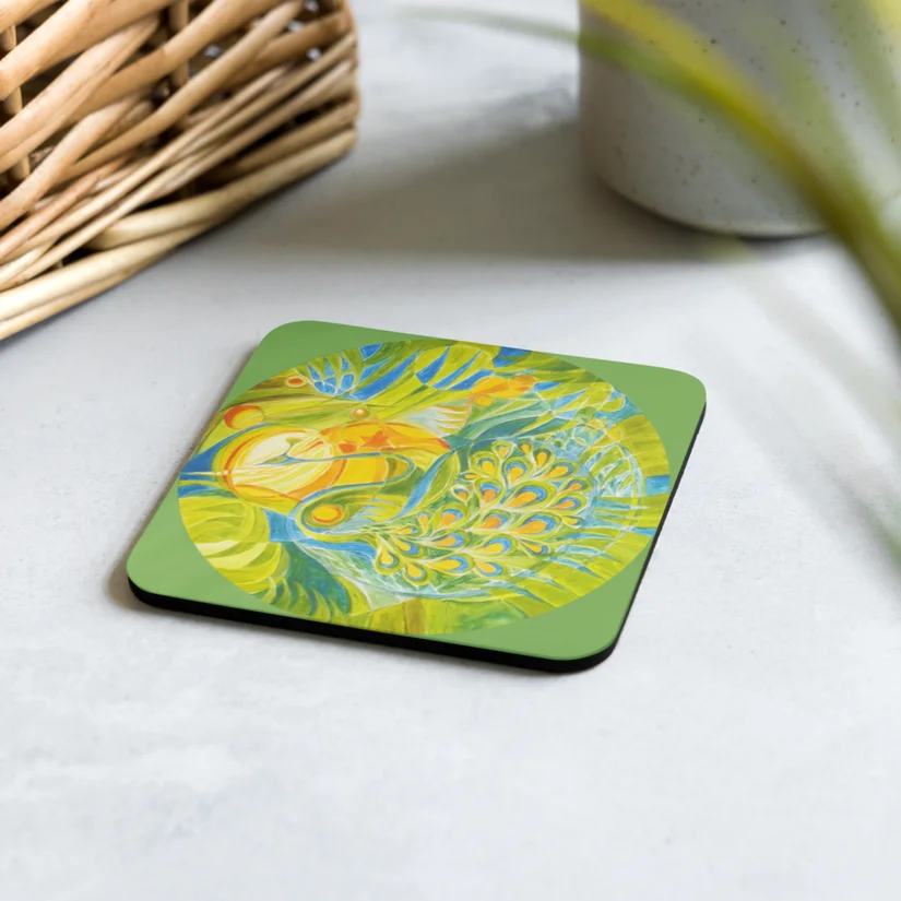 Celestial Peacock cork-back coaster