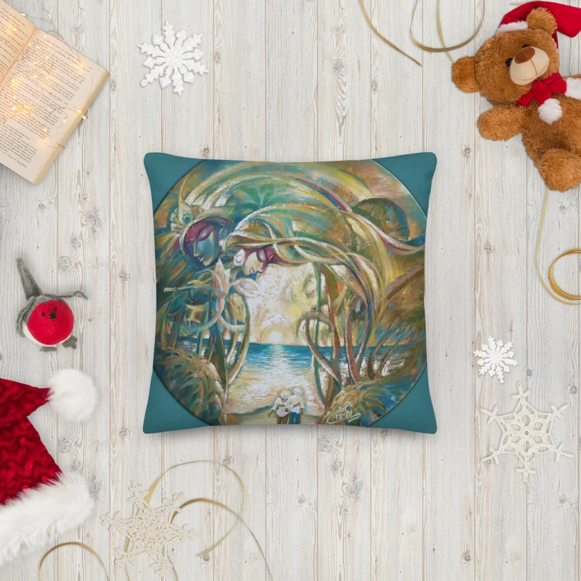 Verdant bliss: The divine amidst the green horizon premium pillow